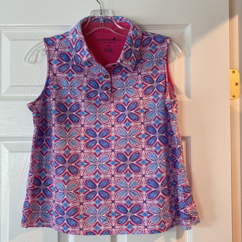 Pink, blue & white cotton knit sleeveless golf shirt by Caribbean Joe.